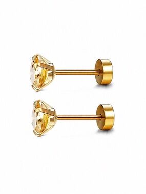 Yellow CZ Stud Earrings Gold Stainless Steel Flat Back 20G 5mm